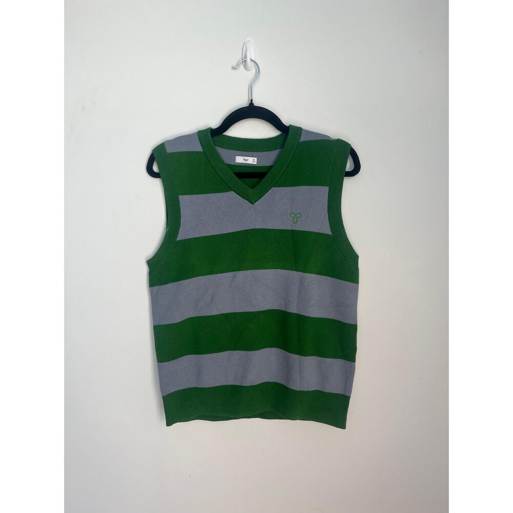 TNA Sweater Vest‎ Women XS Green Gray Stripe V Neck Knit Preppy Y2K